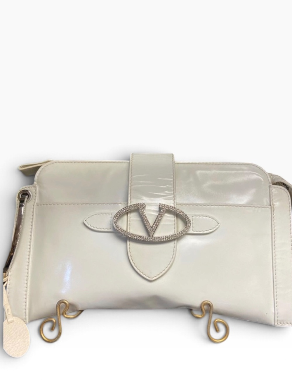Valentino Garavani White Patent Leather Crystal V Clutch / Wristlet